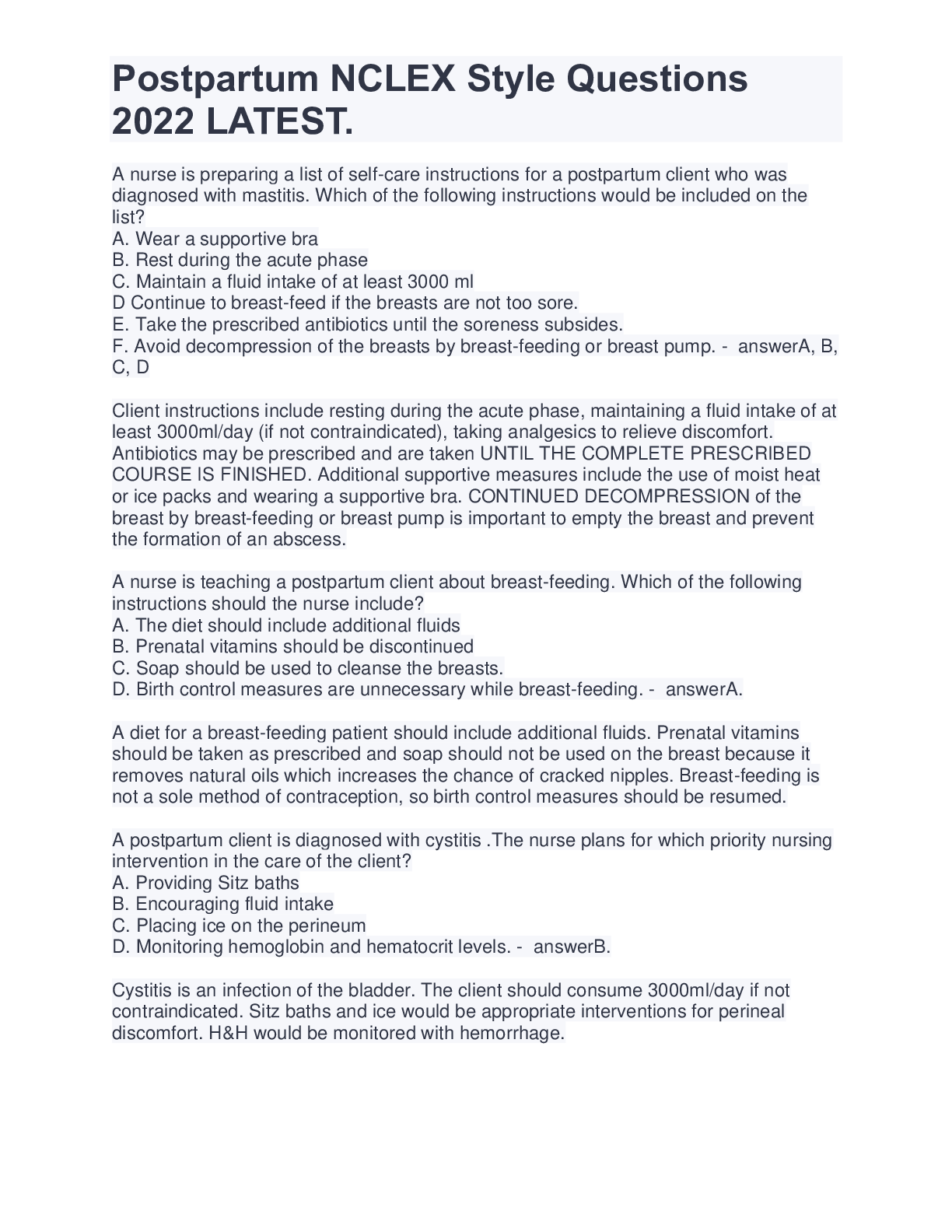 Preview image for Postpartum NCLEX Style Questions WELL EXPLAINED GRADED A.